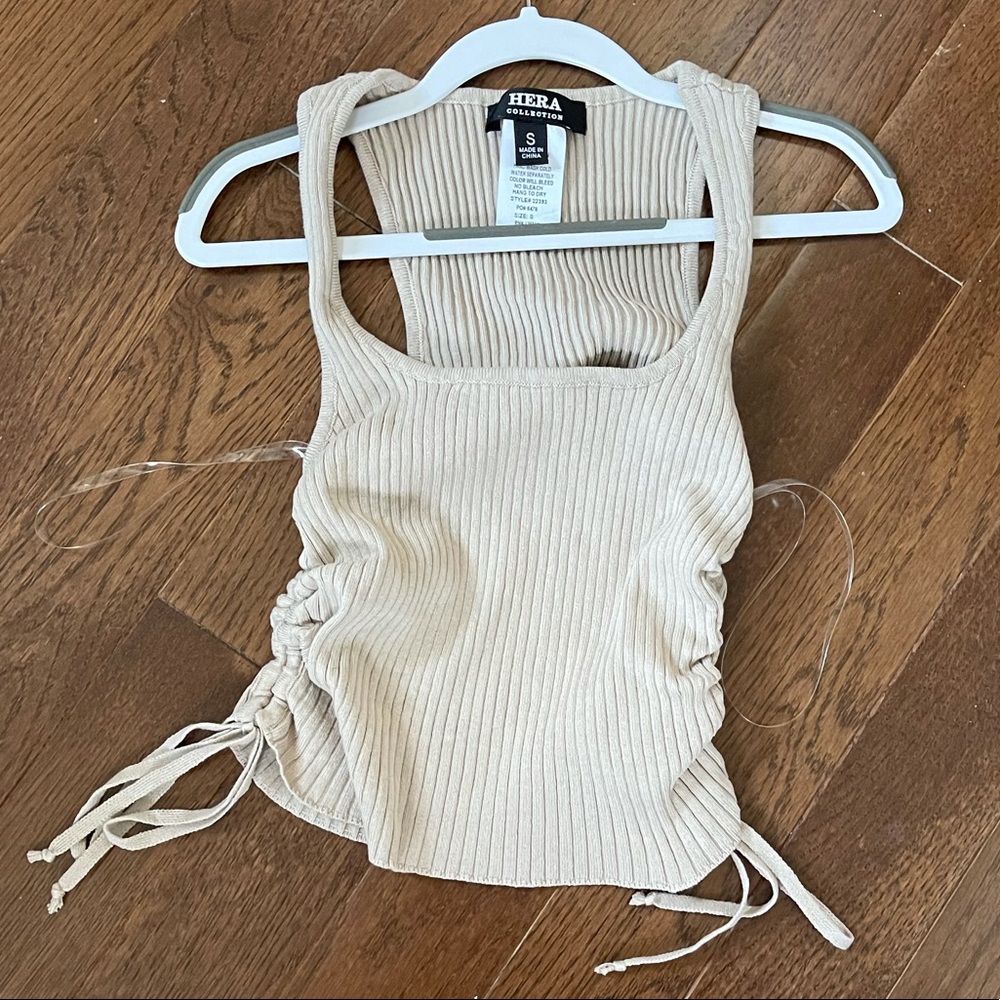 HERA Tan Ties Ruched Tank Top Ribbed Halter Top
